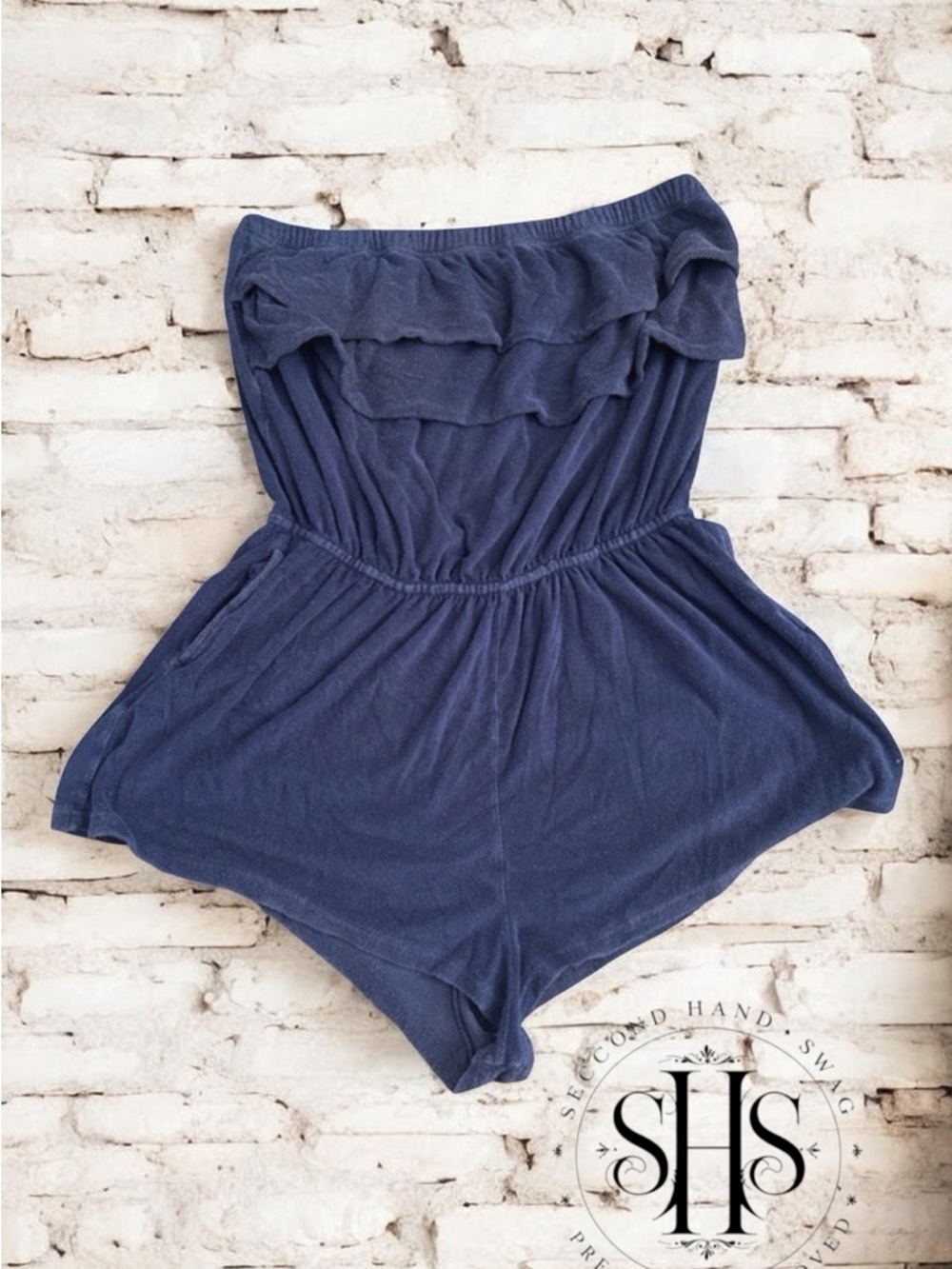 Classic Navy Blue Strapless Ruffle Romper One-Piece